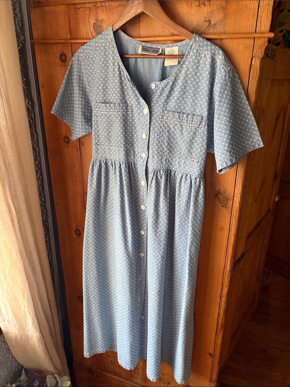 100% Cotton Button-Front Light Blue Maxi Dress with Chest Pockets